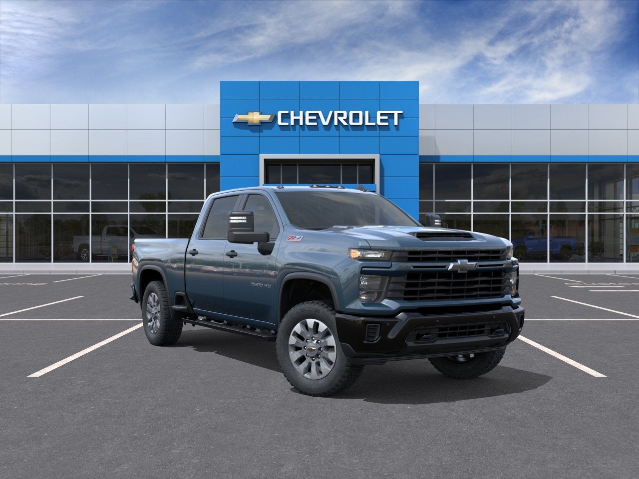 2026 Chevrolet Silverado 2500 HD Custom in Lakeshore Blue Metallic — front three-quarter view
