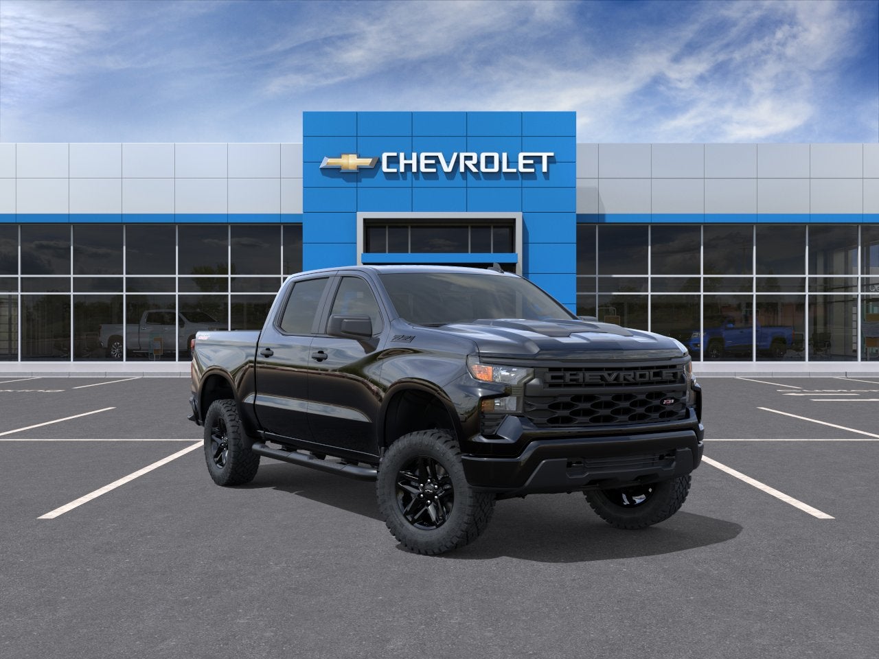 2026 Chevrolet Silverado 1500 Custom Trail Boss in Black — front three-quarter view